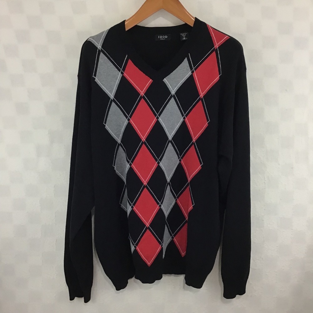 IZOD Golf Mens XL Black Red Grey Argyle V-Neck 100% Cotton Knit Sweater PC-759
